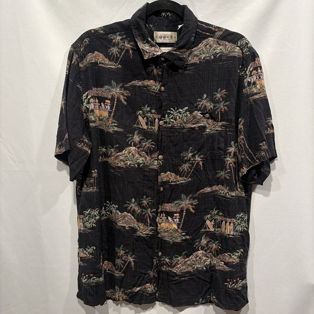 Vintage Campia Moda Hawaiian Camp Shirt Men's L Black 100% Rayon Palm Tree Aloha